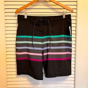 NWT Old Navy Black Board Shorts with Teal, Mint & Pink Stripes